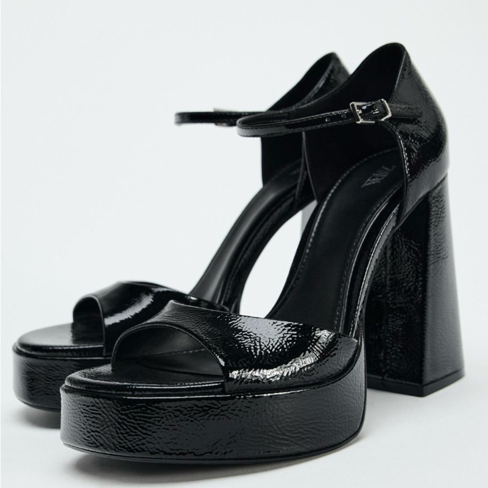 Zara 4.3 inch heel, patent leather dressy sandal.